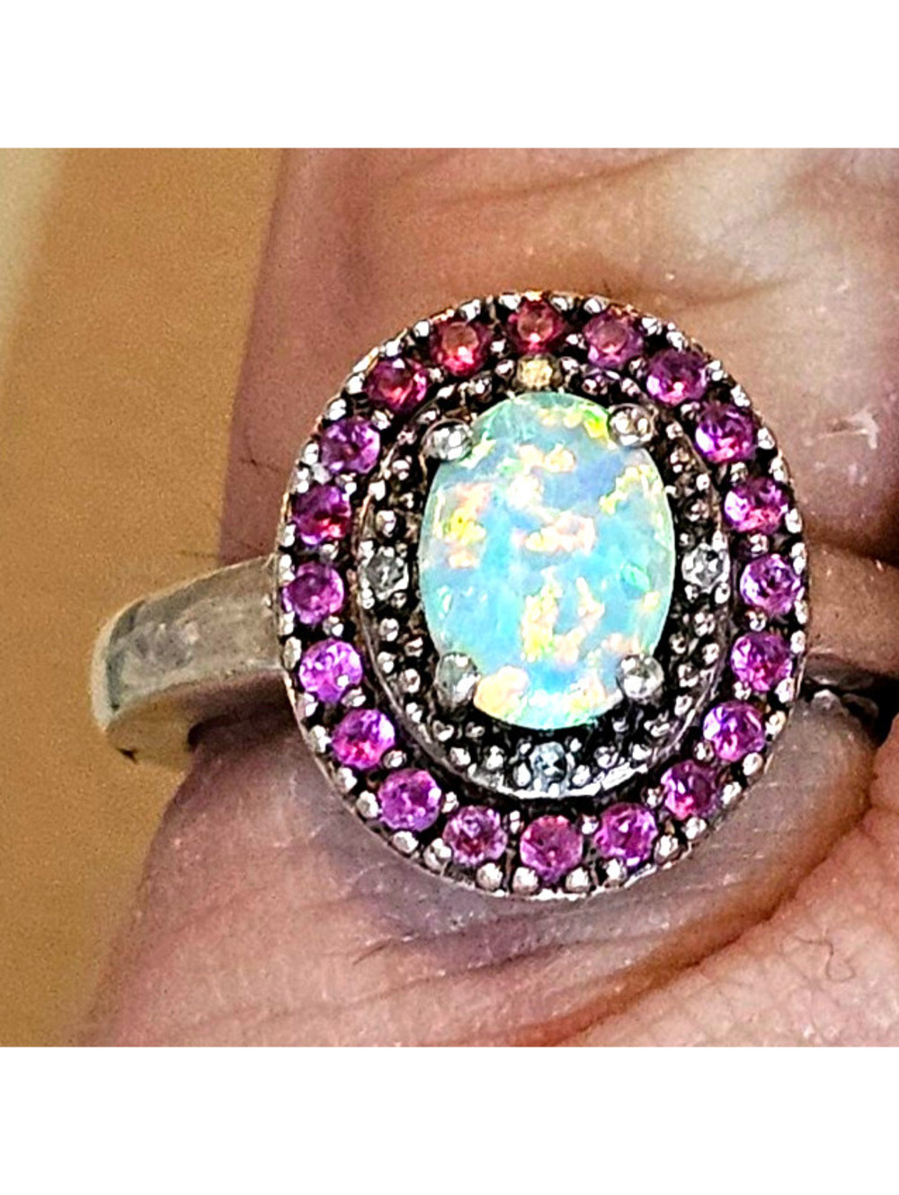 925 Sterling Silver Oval Lab White Fire Opal Halo Ring Pink Stones Size 6.5